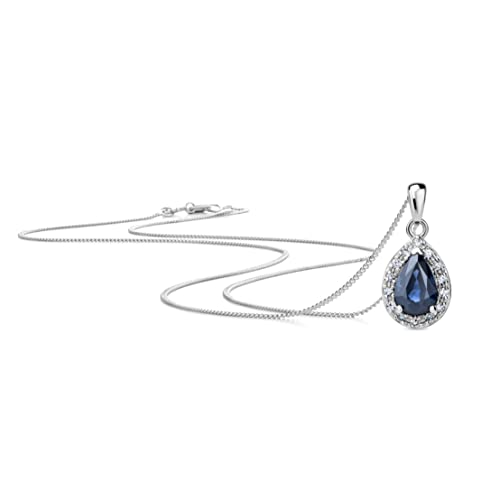 OROVI Schmuck Damen 0.07 Ct Diamant Tropfen Halskette Weißgold mit Anhänger Edelstein/Geburtsstein natürlicher blauer Saphir umgeben von 14 Diamanten Brillanten Kette aus 9 Karat (375) Gold,45 cm von OROVI