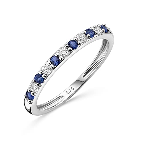 OROVI Schmuck Damen 0.12Ct Diamant Ewigkeitsring Weißgold mit 6 natürliche Edelsteine/Geburtssteine runde blaue Saphire und 5 Diamanten Brillanten Eternity Ring aus 9 Karat (375) Gold von OROVI