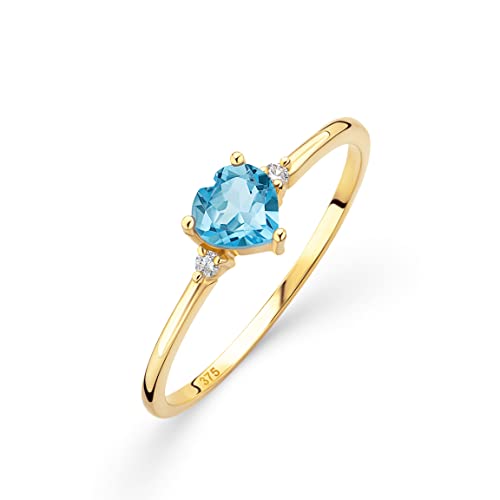 OROVI – Verlobungsring Damen aus 9Ct Gelbgold (375) mit Topas hellblau in Herzschliff 0.55Ct & 0.03Ct Diamanten – Verlobungsring Edelstein & Brillanten – Hypoallergen & handgefertigt (Gr. 54) von OROVI