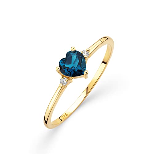 OROVI – Verlobungsring Damen aus 9 Ct Gelbgold (375) mit Blautopas in Herzschliff 0.56 Ct und 0.03 Ct Diamanten – Verlobungsring Edelstein & Brillanten – Hypoallergen & handgefertigt (Gr. 58) von OROVI