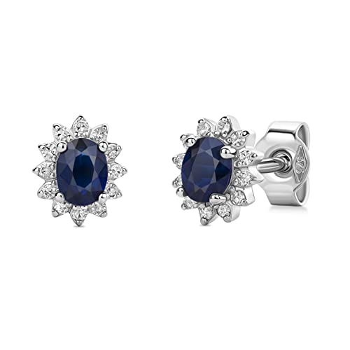 Orovi Ohrschmuck Damen 0.09 Ct Diamant Ohrringe Blume mit Ovaler Edelstein/Geburtsstein natürlicher blauer Saphir und 24 Diamanten Brillanten in Weißgold klassische Ohrstecker aus 9 Karat /375 Gold von OROVI