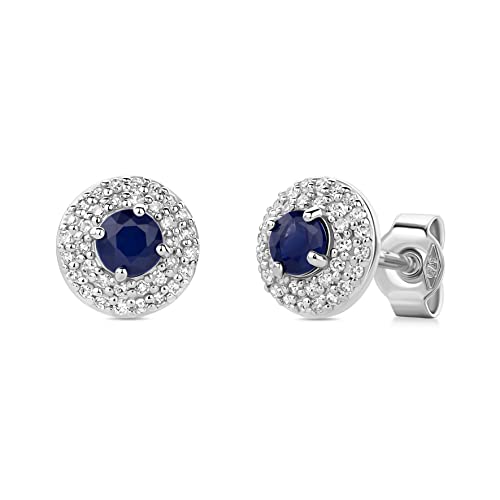 Orovi Ohrschmuck für Damen 0.23 Ct Diamant Ohrstecker Weißgold mit Edelstein/Geburtsstein natürlicher runder blauer Saphir umgeben von 78 Pavé Diamanten Brillanten Ohrringe aus 9 Karat (375) Gold von OROVI