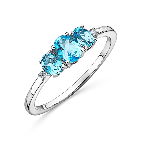 Orovi Schmuck Damen 0.02 Ct Diamant Ring Weißgold mit 3 Edelsteine/Geburtssteine November blauer Topas und 2 Diamanten Brillanten Verlobungsring 9 Karat (375) Gold von OROVI