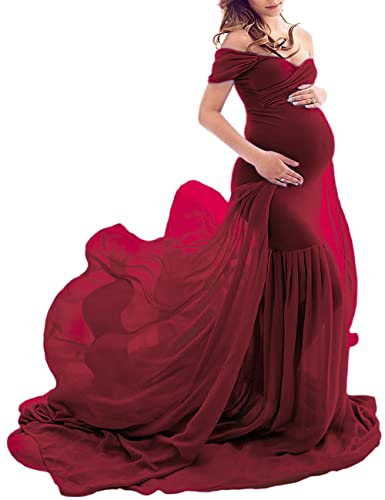ORQ Umstandskleid, schulterfrei, Chiffon, für Foto-Requisiten, Kleid, Maxi-Fotografie-Kleid für Fotoshootings - Rot - Einheitsgröße von ORQ