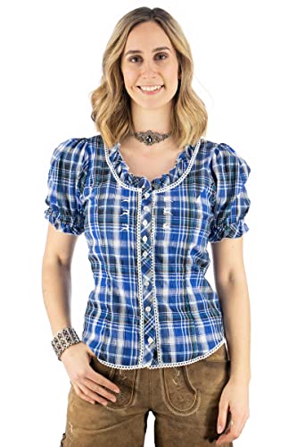 OS Trachten Damen Bluse Kurzarm Trachtenbluse mit Rundhalsausschnitt Smussu, Größe:36, Farbe:Kornblau von OS Trachten