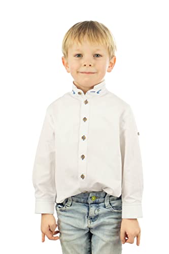 OS Trachten Kinder Hemd Jungen Langarm Trachtenhemd mit Stehkragen Ojune, Größe:110/116, Farbe:weiß-Mittelblau von OS Trachten