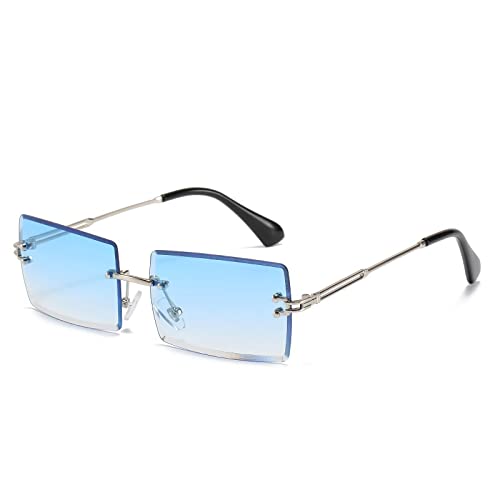 OSAGAMA Kleine Rechteckige Sonnenbrille Damen Herren Randlose Quadratische Brille Brillen UV400 (Silber/Blau mit Farbverlauf) von OSAGAMA