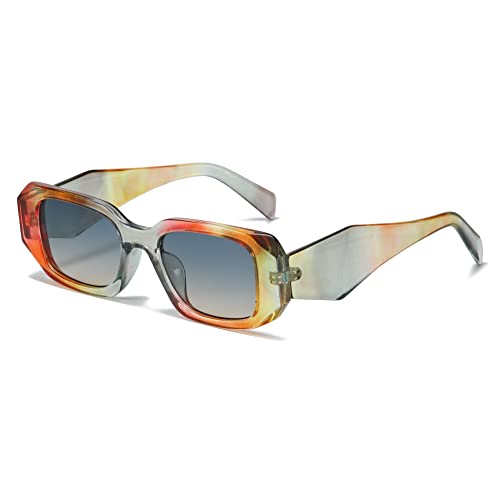 OSAGAMA Retro Sonnenbrille Rechteckige Chunky Brille UV Schutz für Damen Herren (Blumen/Blaugelb) von OSAGAMA
