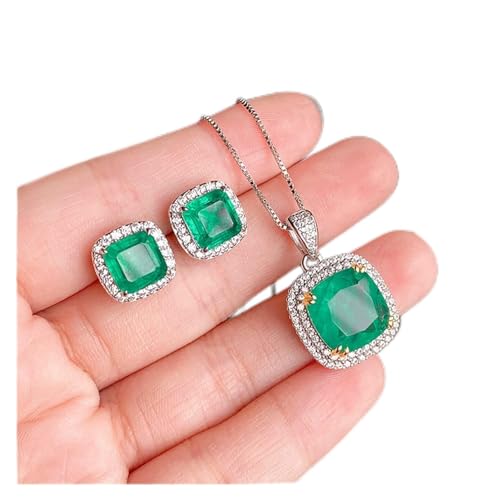 OSBCMZGE New Vintage 925 Sterling Silber Smaragd Edelstein Halskette Anhänger Ohrringe for Frauen Charms Hochzeit Fine Jewelry Sets erfüllen Mode-Accessoires (Color : 45cm, Size : Jewelry set) von OSBCMZGE