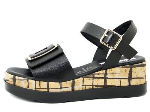 OSVALDO PERICOLI Damen-Sandalen Platform aus schwarzem Leder, Keilabsatz 5 cm, 50240, Schwarz , 37 EU von OSVALDO PERICOLI