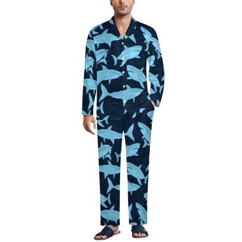 OTRAHCSD Herren Nachtwäsche, Hai Hai Muster Pyjama Set, Button Down Nachtwäsche Langarm Shirt mit Hose, Stil:, XXL von OTRAHCSD