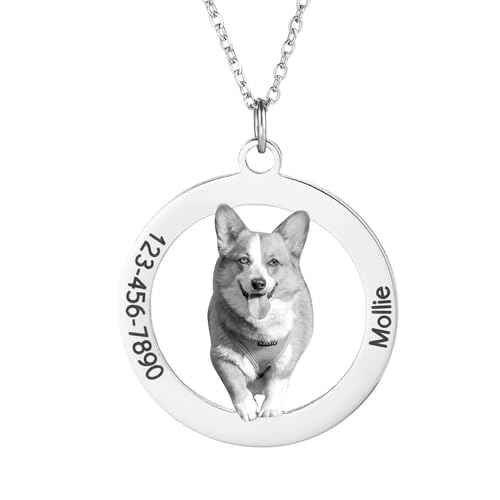 OTXIXTO Personalisierte Foto-Halskette Edelstahl Katze Hund Haustier Schwarz-weißes Bild Rund Förmiger Anhänger, Individuelle Geschenke für Frauen/Männer/Tierliebhaber von OTXIXTO