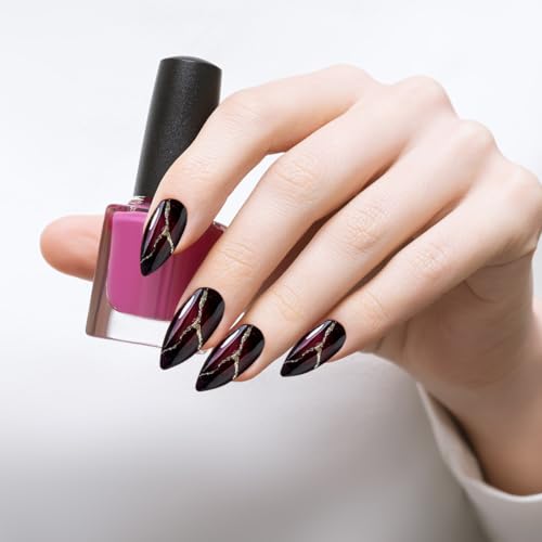 OUDQFCJ Rote schwarze Nägel zum Aufdrücken, mandelförmig, künstliche Nägel mit goldenem, geschwungenem Liniendesign mit Klebestift auf den Nägeln für Hochzeit, Geburtstag OUDQFCJ Rote schwarze Nägel zum Aufdrücken, mandelförmig, künstliche Nägel mit goldenem, geschwungenem Liniendesign mit Klebestift auf den Nägeln für Hochzeit, Geburtstag von OUDQFCJ