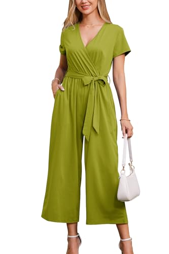 OUGES 2024 Damen Sommer Jumpsuit Kurze Ärmel Overall Lang Hosenanzug Casual Playsuit mit Taschen(Grün,S) von OUGES