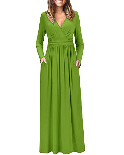 OUGES Damen Kleid Langarm V-Ausschnitt Winterkleid Casual Boho Kleider Maxikleid mit Taschen Herbstkleid(Grün01,S) von OUGES