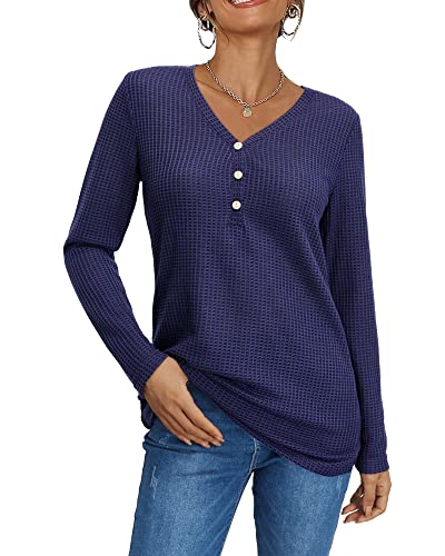 OUGES Damen Langarm V-Ausschnitt Oberteile Pullover Tunika Bluse Waffelstrick Knopfleiste Henley Shirts(Marine381,M) von OUGES