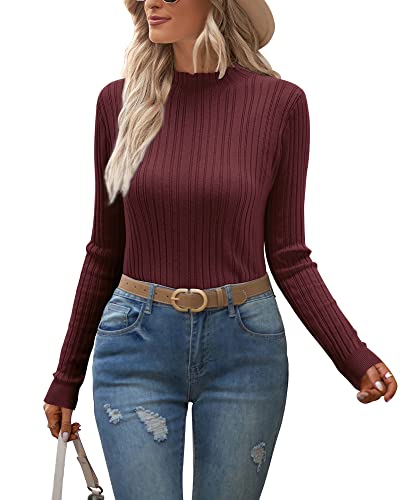 OUGES Pullover Damen Rollkragenpullover Langarm Pulli Winter Rolli Langarmshirt Eng Oberteile mit Stehkragen(Dunkelrot,XL) von OUGES