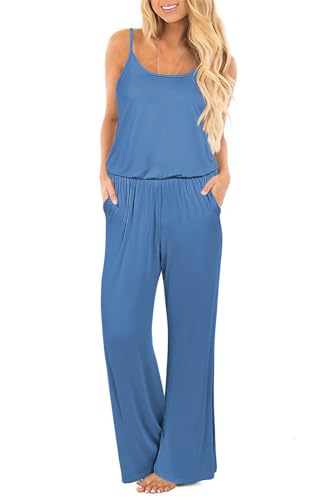 OUGES Damen Sommer Ärmellos Jumpsuit Overall Lang Hosenanzug Casual Playsuit Romper mit Taschen(Blau-01,L) von OUGES