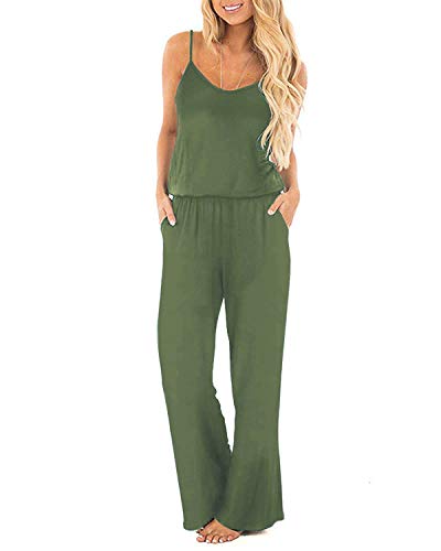 OUGES Damen Sommer Ärmellos Jumpsuit Overall Lang Hosenanzug Casual Playsuit Romper mit Taschen(Grün,XXL) von OUGES