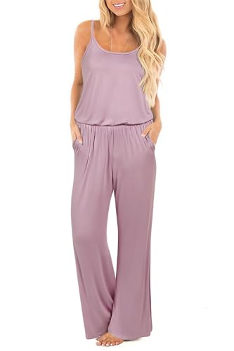 OUGES Damen Sommer Ärmellos Jumpsuit Overall Lang Hosenanzug Casual Playsuit Romper mit Taschen(Helles Lila,L) von OUGES