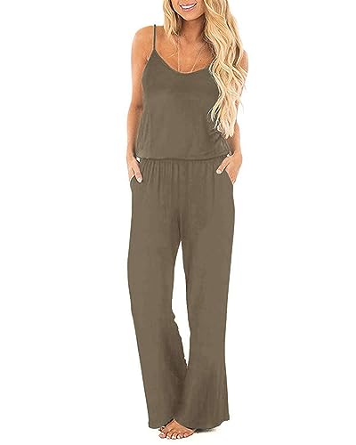 OUGES Damen Sommer Ärmellos Jumpsuit Overall Lang Hosenanzug Casual Playsuit Romper mit Taschen(Kaffee,XXL) von OUGES