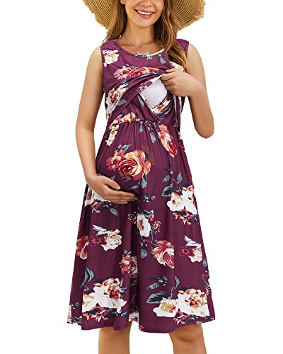 OUGES Damen Sommer Umstandskleid Ärmellos Stillkleid Lässiges Schwangere Kleider Baumwolle mit Taschen（Floral09，XXL） von OUGES