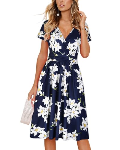 OUGES Damen Sommerkleid Kurzarm V-Ausschnitt Knielang Blumenmuster Midi Kleid mit Taschen（Floral01, L） von OUGES