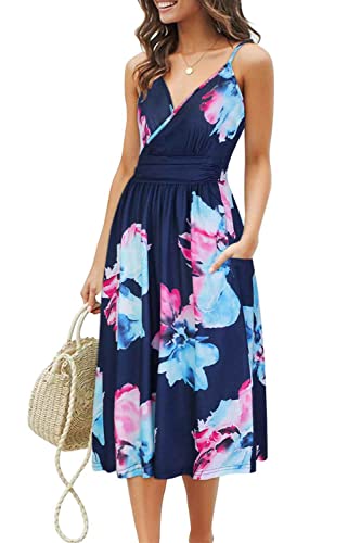 OUGES Sommerkleid Damen Knielang Sommer Kleider Spaghettiträger Kleid V-Ausschnitt Strandkleid mit Taschen(Floral01-452, S) von OUGES