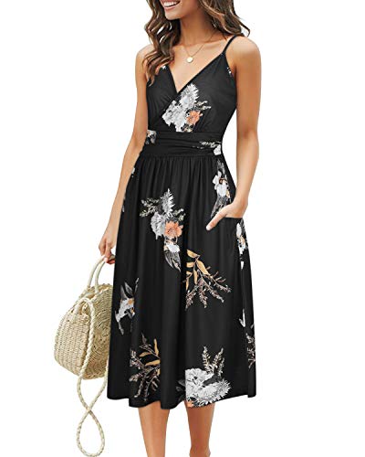 OUGES Sommerkleid Damen Knielang Sommer Kleider Spaghettiträger Kleid V-Ausschnitt Strandkleid mit Taschen(Floral03-452, S) von OUGES