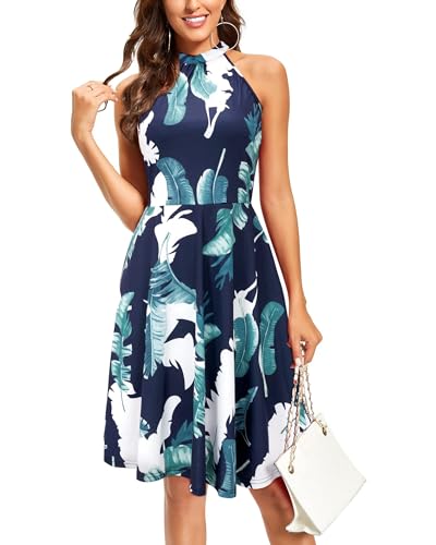 OUGES Damen Sommerkleid Neckholder Ärmellos A Linie Kleider Blumenmuster Baumwolle Kleid Knielang Cocktailkleid(Floral06,S) von OUGES