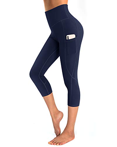 OUGES Damen Sport Leggings 3/4 High Waist Capri Leggins Yogahose Blickdichte Sporthose mit Taschen (Navy-20inch,XXL) von OUGES