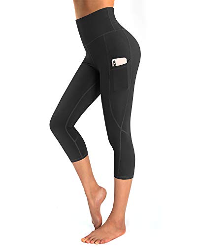 OUGES Damen Sport Leggings 3/4 High Waist Capri Leggins Yogahose Blickdichte Sporthose mit Taschen (Schwarz-20inch,XXL) von OUGES