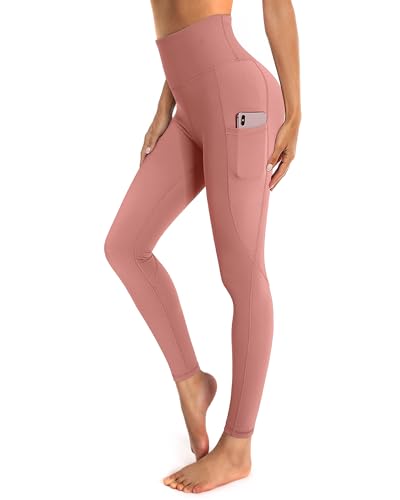 OUGES Damen Sport Leggings High Waist Leggins Yogahose Blickdichte Sporthose mit Taschen (Bohnenpaste Rose,M) von OUGES