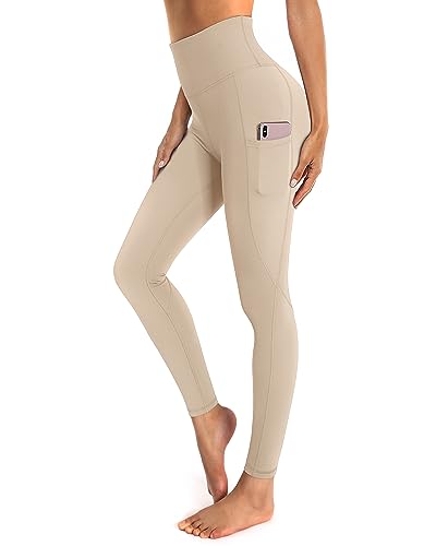 OUGES Damen Sport Leggings High Waist Leggins Yogahose Blickdichte Sporthose mit Taschen (Khaki,XL) von OUGES