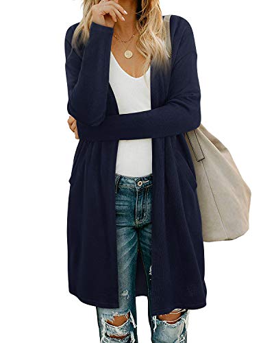 OUGES Damen Strickjacke Lang Leicht Cardigan Strickmantel mit Taschen(Blau,S) von OUGES