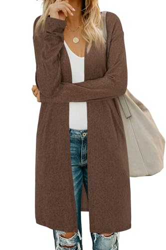 OUGES Damen Langarm Strickjacke Lang Leicht Cardigan Casual Strickmantel mit Taschen(Braun,M) von OUGES