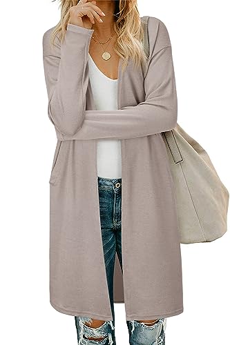 OUGES Damen Langarm StrickjackeLang Leicht Cardigan Casual Strickmantel mit Taschen（Kamel，L） von OUGES