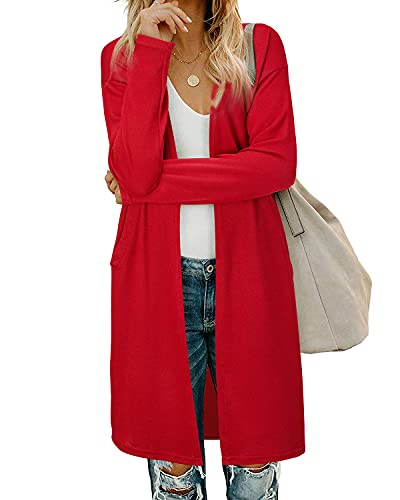 OUGES Damen Langarm StrickjackeLang Leicht Cardigan Casual Strickmantel mit Taschen（Rot，L） von OUGES