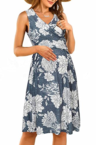 OUGES Damen V-Ausschnitt Ärmellos Sommer Blumen Umstandskleider Stillkleid mit Taschen(Floral18-315,XL) von OUGES