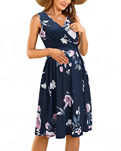 OUGES Damen V-Ausschnitt Ärmellos Sommer Blumen Umstandskleider Stillkleid mit Taschen(Floral8-315,XL) von OUGES