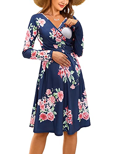 OUGES Damen Winter Umstandskleid V-Ausschnitt Langarm Blumen Stillkleid Lässiges Schwangere Kleider mit Taschen Herbst(Florala-661,L) von OUGES