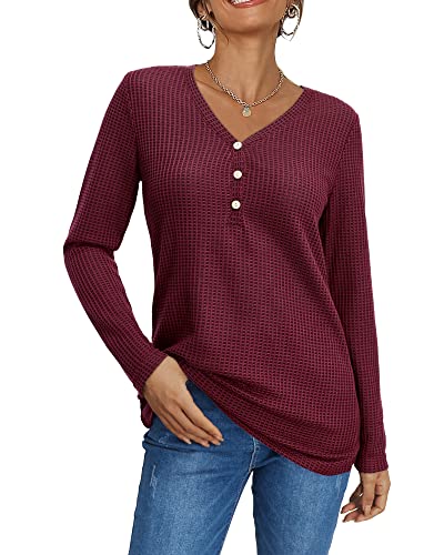 OUGES Damen Waffelstrick Langarmshirt V-Ausschnitt Tunika Pullover Knopfleiste Langarm Henley Shirt Bluse Oberteile Herbst(Wein381,XXL) von OUGES