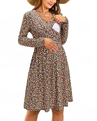 OUGES Damen Winter Umstandskleid V-Ausschnitt Langarm Blumen Stillkleid Lässiges Schwangere Kleider mit Taschen Herbst(FloralF-661,L) von OUGES