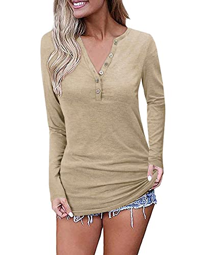 OUGES Langarmshirt Damen Henley Shirt V-Ausschnitt Langarm Tunika Knopfleiste Elegant Oberteile(Kaffee,XXL) von OUGES