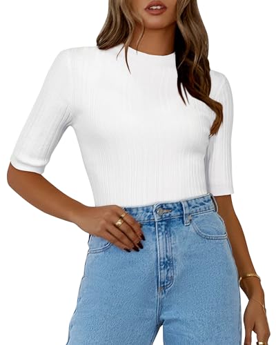 OUGES Pullover Damen Rollkragenpullover 2024 Kurzarm Pulli Sommer Rolli Eng Oberteile mit Stehkragen(A-White01,L) von OUGES