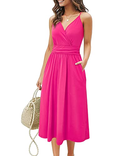 OUGES Sommerkleid Damen Knielang Sommer Kleider Spaghettiträger Kleid V-Ausschnitt Strandkleid mit Taschen(Rose,M) von OUGES