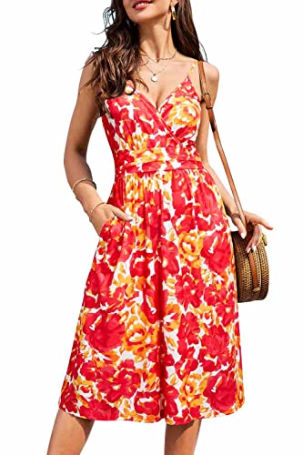 OUGES Sommerkleid Damen Knielang Sommer Kleider Spaghettiträger Kleid V-Ausschnitt Strandkleid mit Taschen(FloralZ06,L) von OUGES