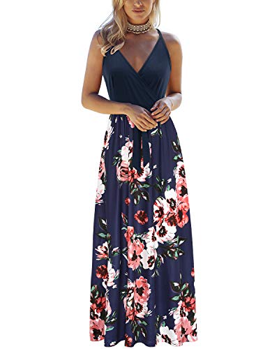 OUGES Sommerkleid Damen Lang Maxikleider V-Ausschnitt Kleider Ärmellos Blumenkleid Beiläufige Rückenfreies Kleid Strandkleid Elegant Party Freizeitkleid Mit Taschen(Floral-a-oe628,XL) von OUGES