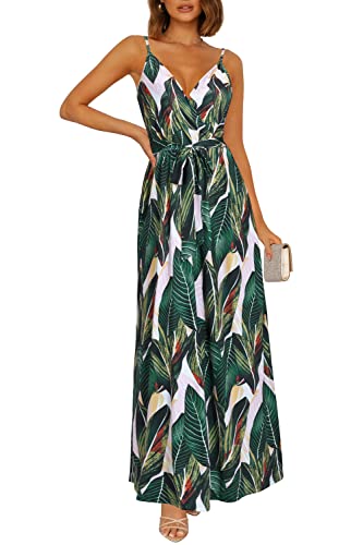 OUGES Maxikleider Damen Sommer Elegant Lang Kleider Spaghettiträger V-Ausschnitt Ärmellos Blumenkleid Trägerkleider Strandkleid Freizeitkleid Mit Taschen(Blumen08-OE442,XL) von OUGES