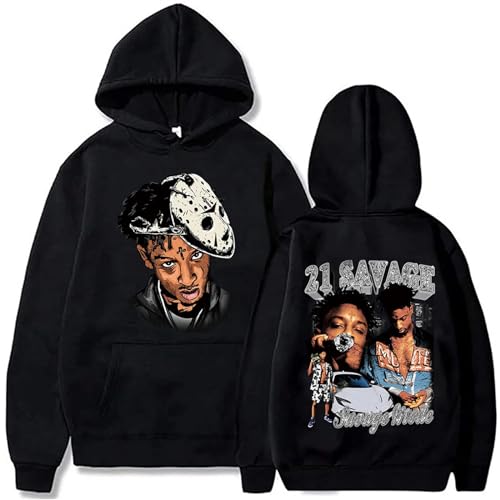 OUHZNUX Hoodie Sänger 21 Savage Hip-Hop Pullover Kapuzenpullover Lässiges Kordelzug Top 21 Savage Harajuku Fan Hoodie XS-3XL-Black||XS von OUHZNUX